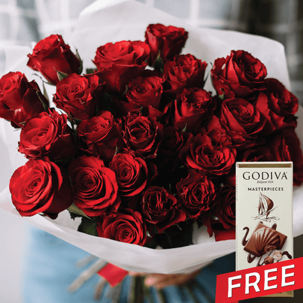 25 luxury red roses free godiva
