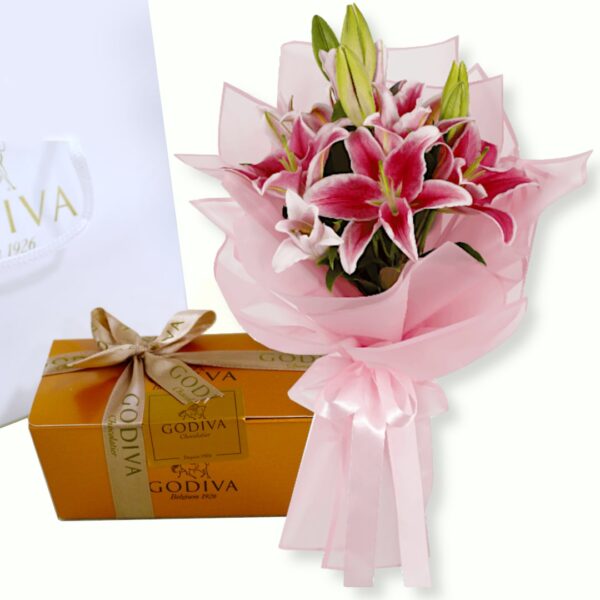 Pink Lilies with Godiva Chocolate