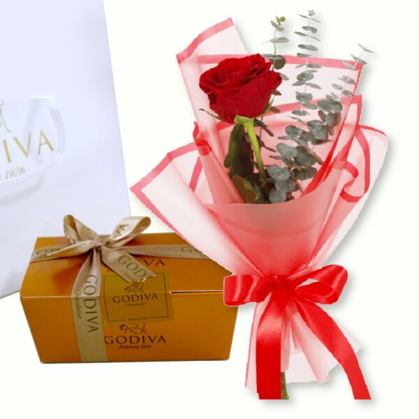 Single Rose in red wrap with Godiva chocolate delivery