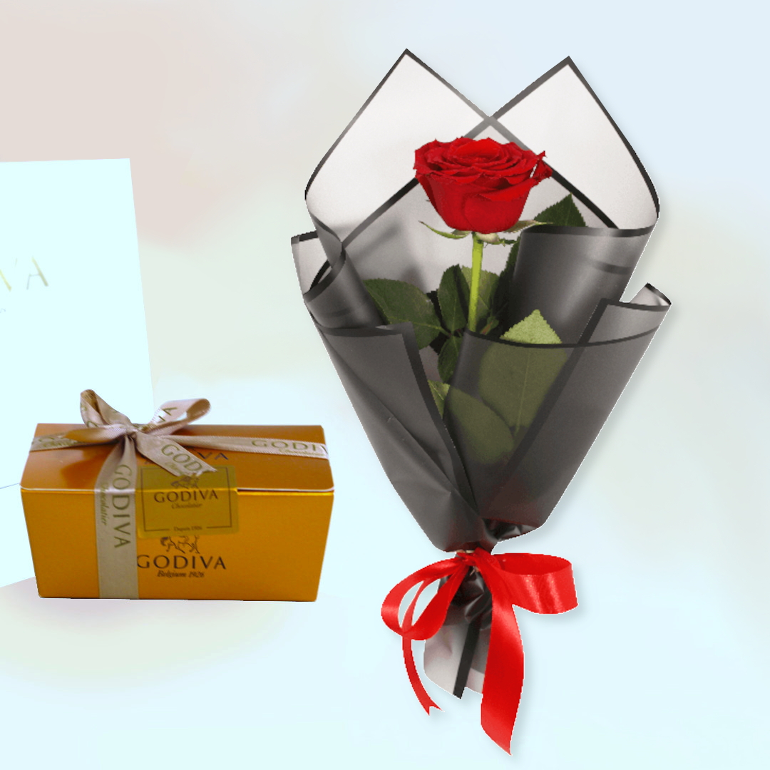 Online Single Red Rose Paper Wrap & Godiva Chocolates Gift