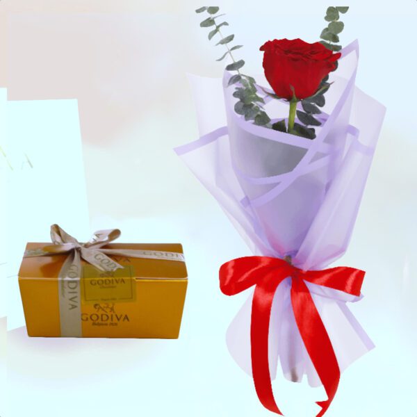 Single rose in purple wrap with Godiva