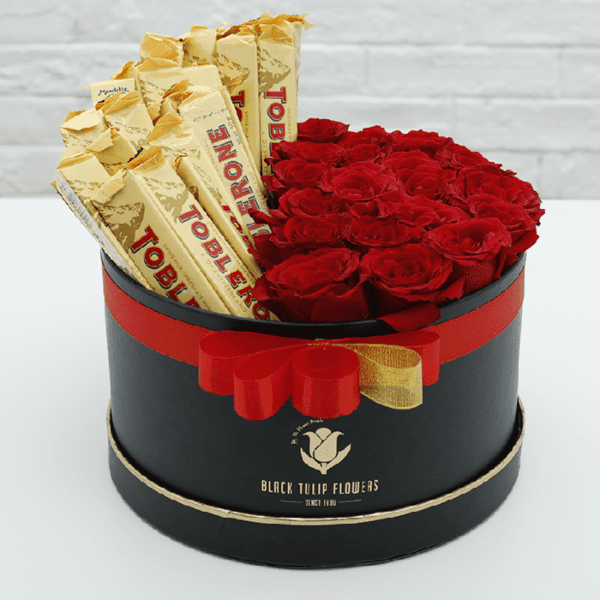 Box of Red Roses with Toblerone Chocolate Bouquet