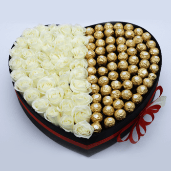 Heart Shaped box of White Roses With Ferrero