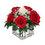 five red roses one white rose glass vase wax flowers black tulip flowers_btf_031
