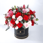 red roses Hypericum Berry pink lilies Eucalyptus eustoma wax flower black box 001