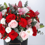 red roses Hypericum Berry pink lilies Eucalyptus eustoma wax flower black box 003