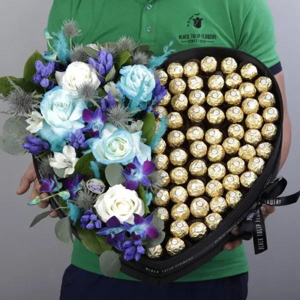 Chocolate Box with Blue Flowers by Black Tulip Flowers