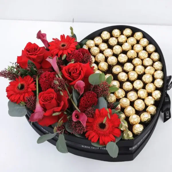 Chocolate Box with Red Flowers by Black Tulip Flowers