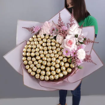 Ferrero Bouquet with Pink Flowers by Black Tulip Flowers