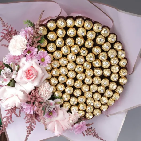 Ferrero Bouquet with Pink Flowers by Black Tulip Flowers