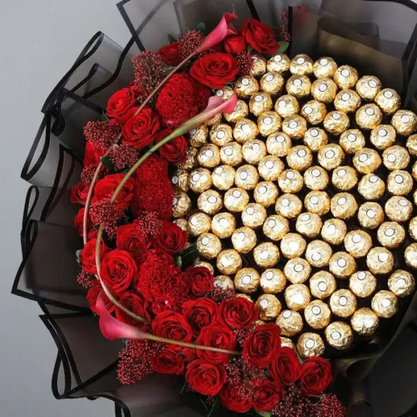 Ferrero Bouquet with Red Flowers by Black Tulip Flowers