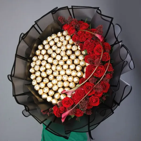 Ferrero Bouquet with Red Flowers by Black Tulip Flowers