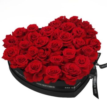 Perfect Red Roses in Heart Shaped Box by Black Tulip Flowers