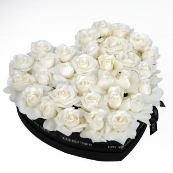 Perfect White Roses in Heart Shaped Box by Black Tulip Flowers