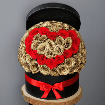 Red Heart and Gold Roses In A Box by Black Tulip Flowers