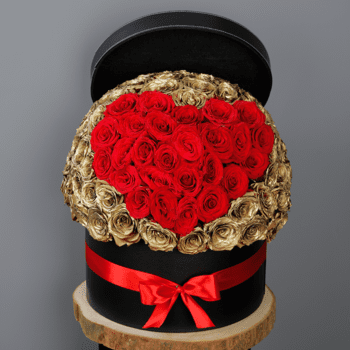 Sweet Golden Roses In A Box by Black Tulip Flowers