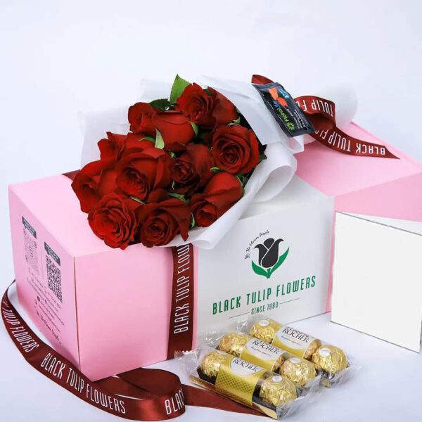Red Roses and Ferrero Chocolates in a box