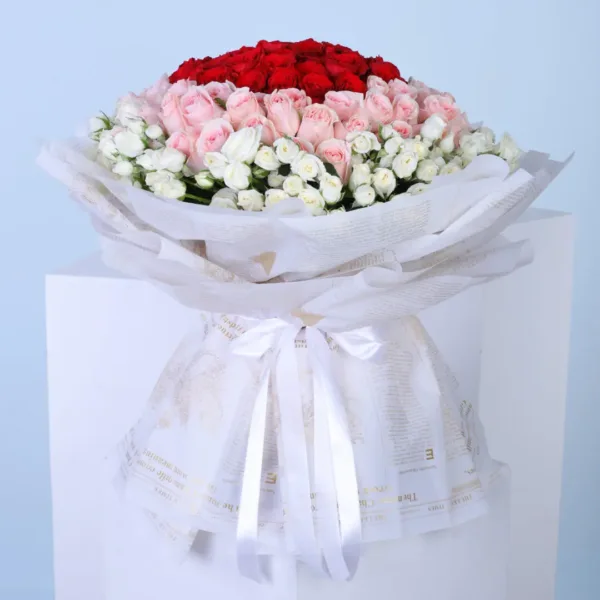 Red, Pink and White Roses Bouquet in heart shape