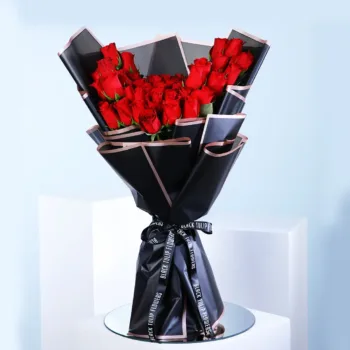 50 Red Roses Black Wrapped for valenintes
