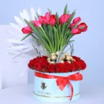 Red Tulip and Rose Shower in a Box