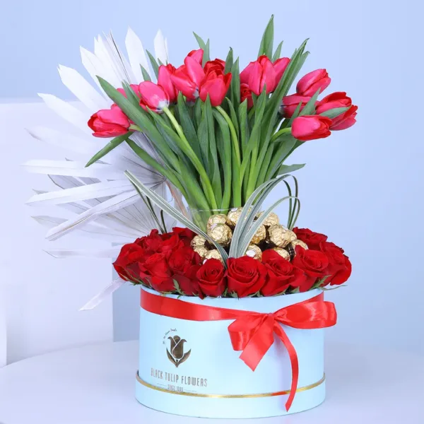 Red Tulip and Rose Shower in a Box with chocolate