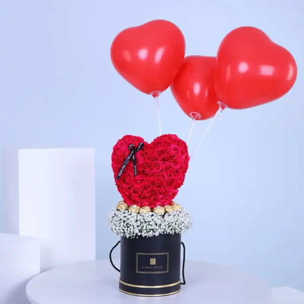 Heart Shape Roses Arrangement with Balloons