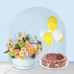 flowers in box with chocolate cake1