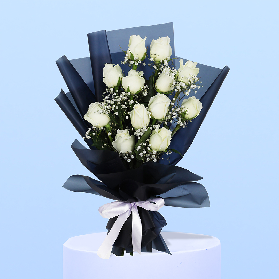 White Roses In Black Wrap - Black Tulip Flowers WLL