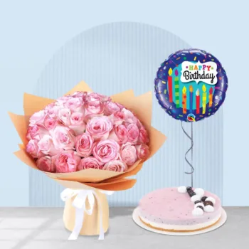 Pink roses with cakes and balloon