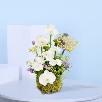 White orchid graduation flower arrangement with Arabic "Congratulations on Graduation 2025" topper, accented with purple, white, and green flowers in a moss base.