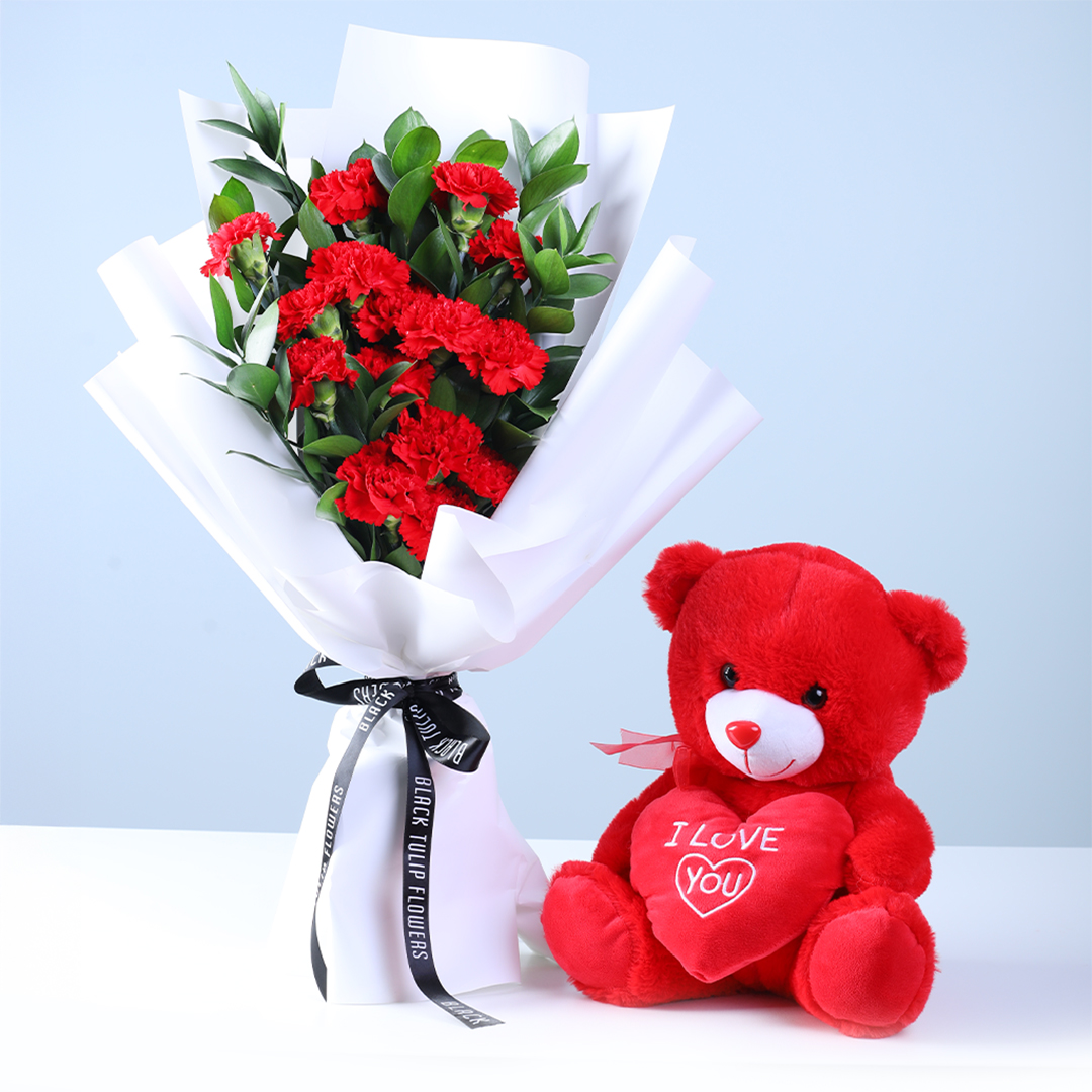 Red Carnations Love Teddy