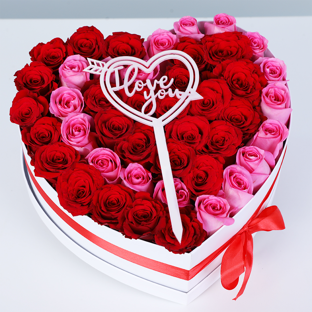 44 Red & Pink Roses Heart Box | Valentine Gift