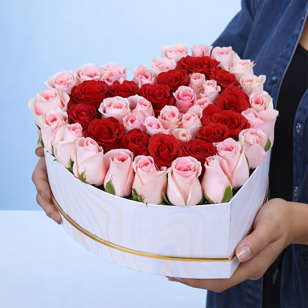 Light Pink & Red Roses Heart Box | Valentine Rose Arrangement