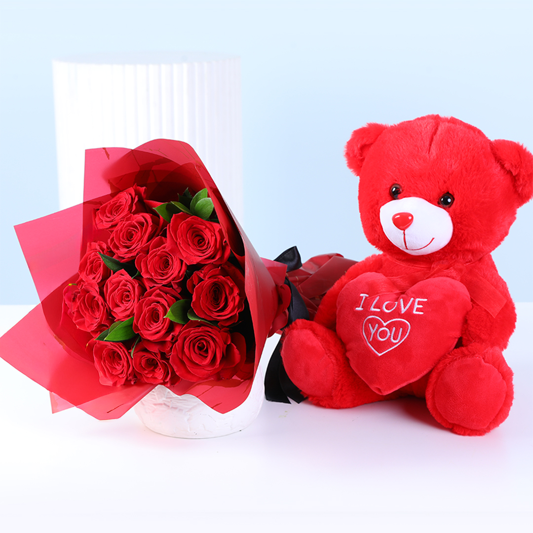 Love Red Roses & Plush Teddy Surprise