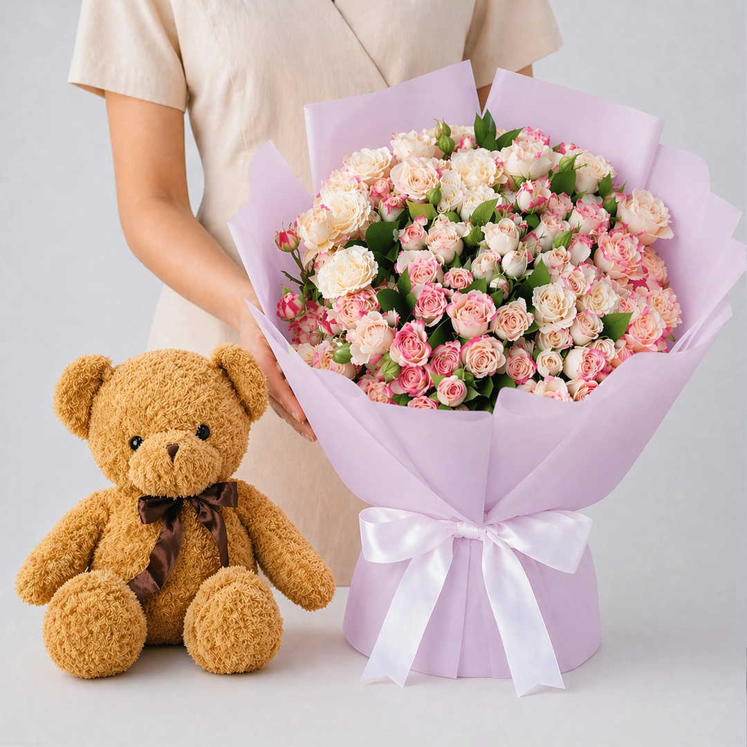 Pink Roses Teddy Combo | Flower & Teddy Gift Online