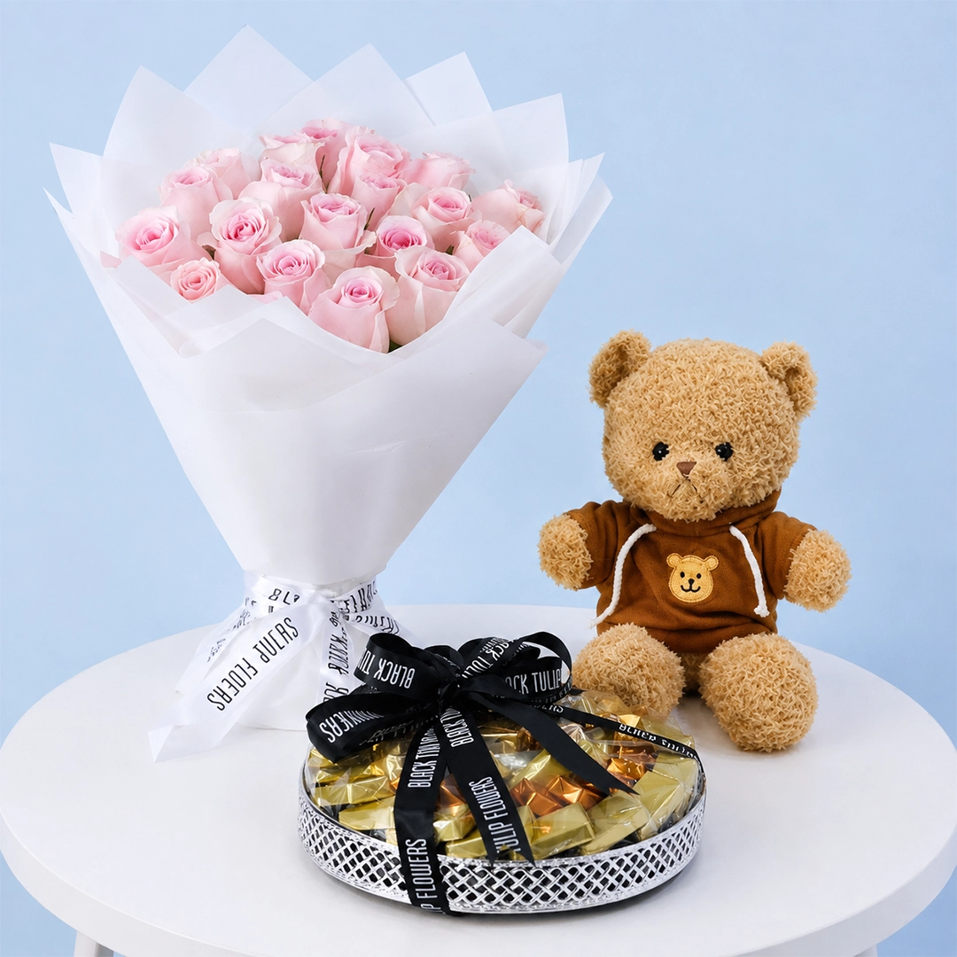 Pink Roses & Chocolate With Teddy Combo