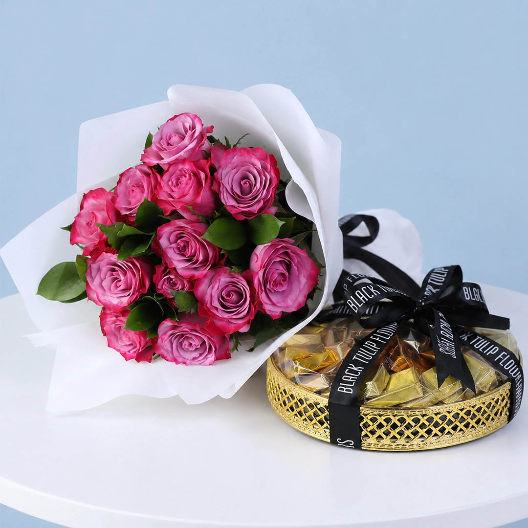Purple Roses with Assorted Chocolates