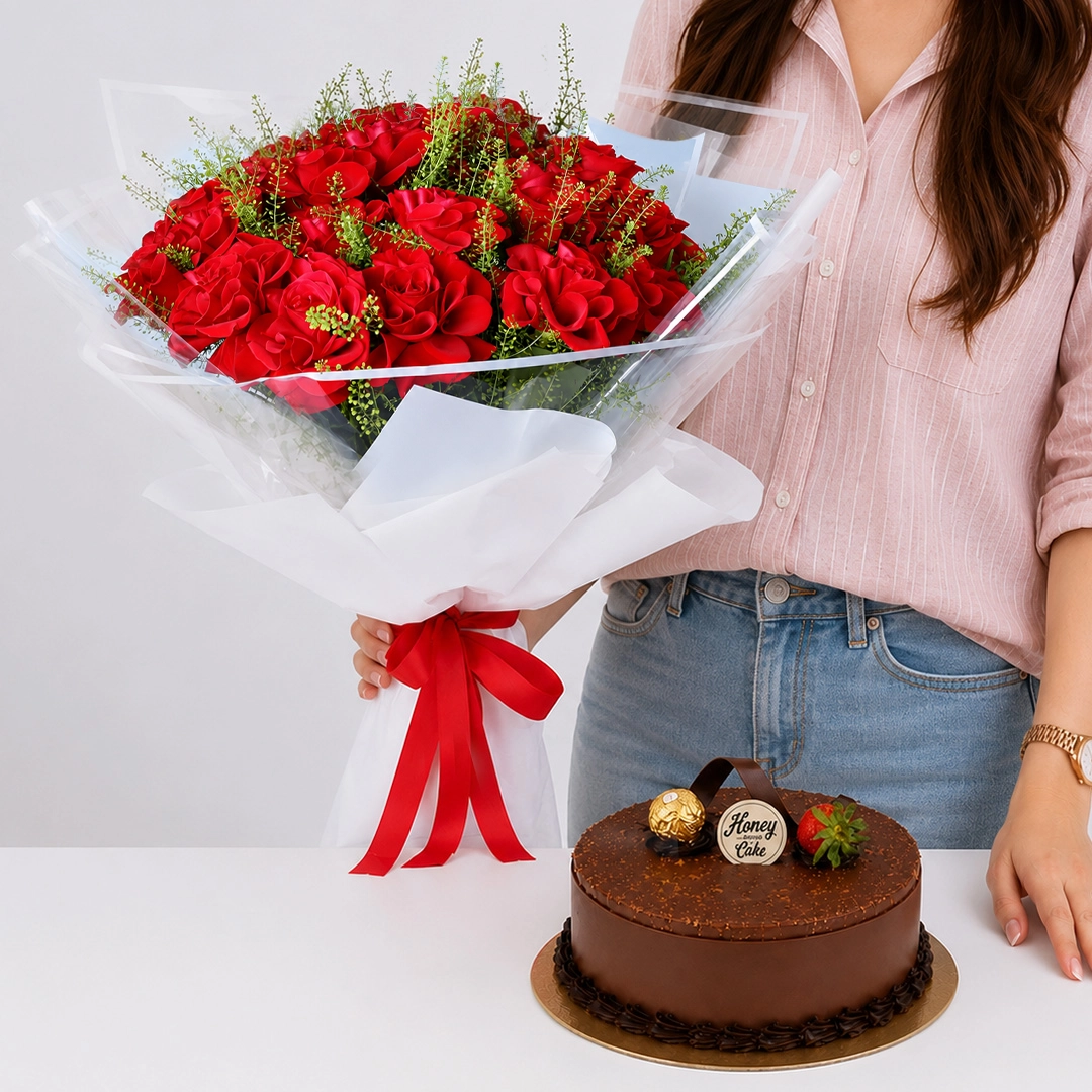 Red Roses Bouquet & Ferrero Cake