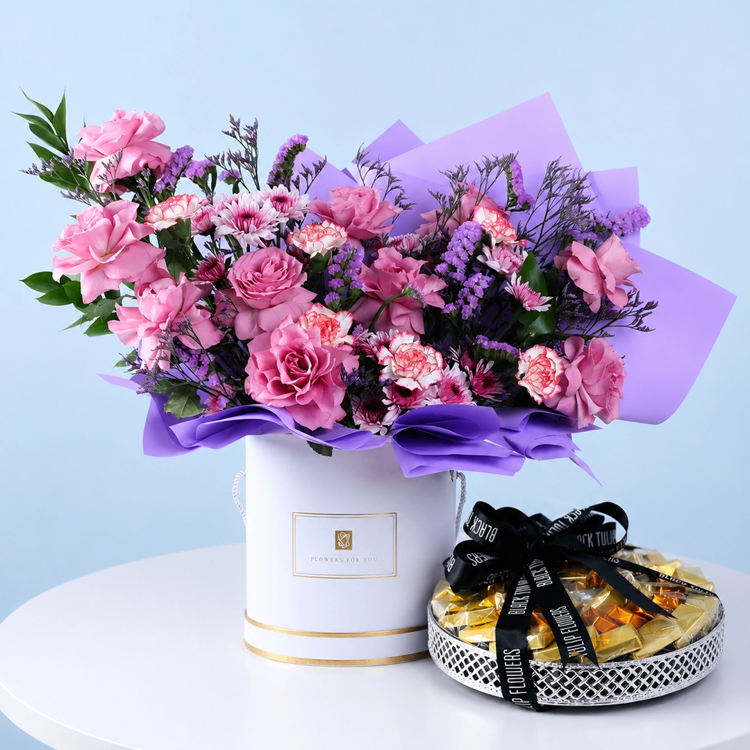 Violet Floral Hat Box with Assorted Chocolates