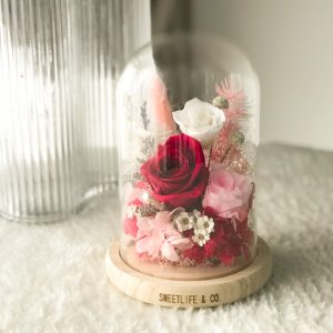 A beautiful arrangement of preserved flowers in a glass dome, with a large vibrant red rose as the centerpiece, surrounded by smaller pink and white flowers, and some delicate pink foliage.